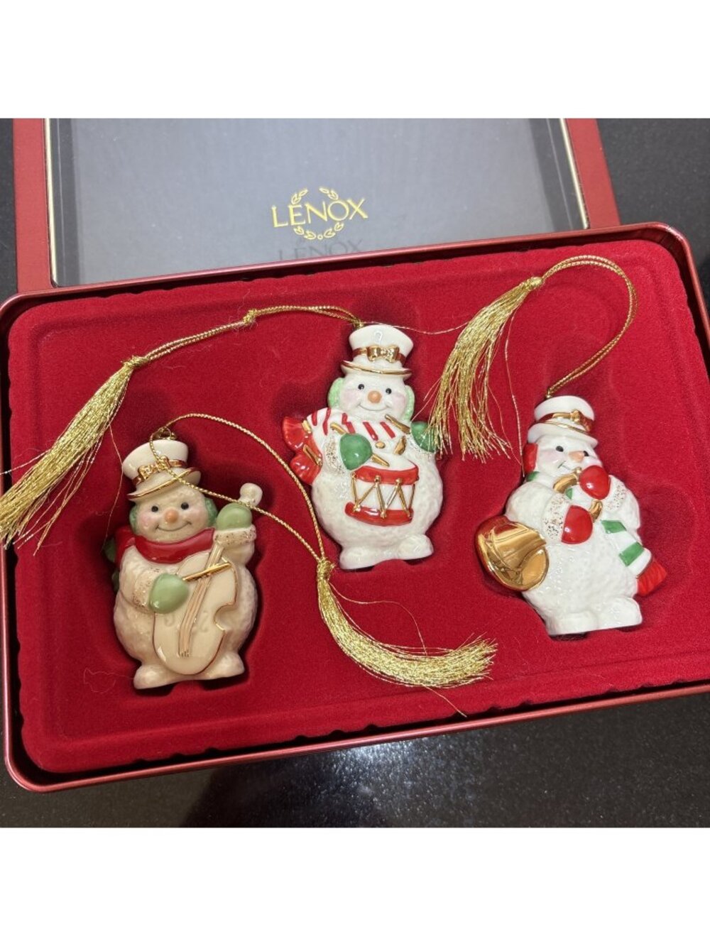 Vtg Lenox Snowman Band Porcelain Musicians Christmas Ornaments Tin Boxed Set 3
